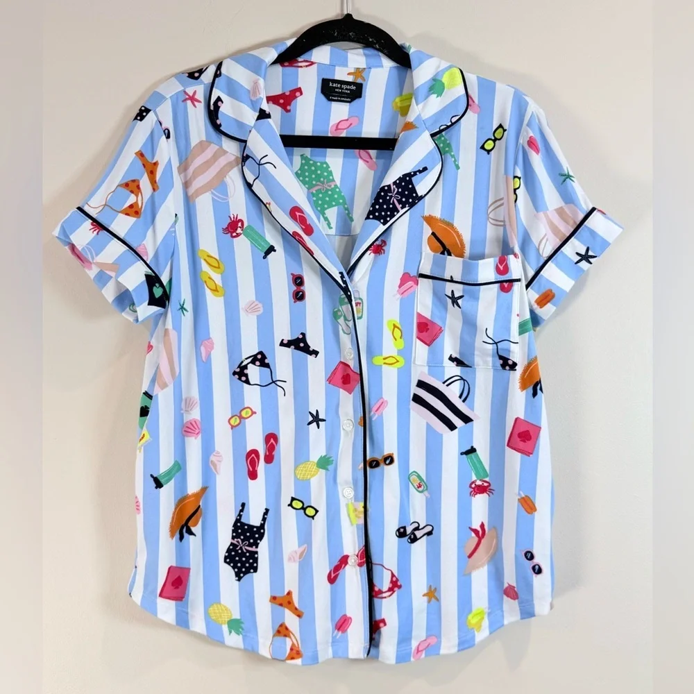 🔥Kate Spade Blue Striped Vacation Print Button-Up Sleepwear Top Size S EC🔥